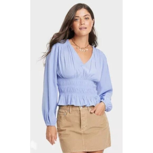 Universal Thread Periwinkle Blue Long Sleeve Peplum V-Neck Peasant Blouse Top - Picture 1 of 9